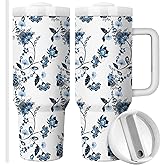 TSLOVER Blue And White Flower Tumblers,40 Oz Insulated Stainless Steel Floral Coffee Tumbler with Handle,Funny Travel Coffee Mug,Birthday Gifts for Women,Mom,Friends,1 Pcs