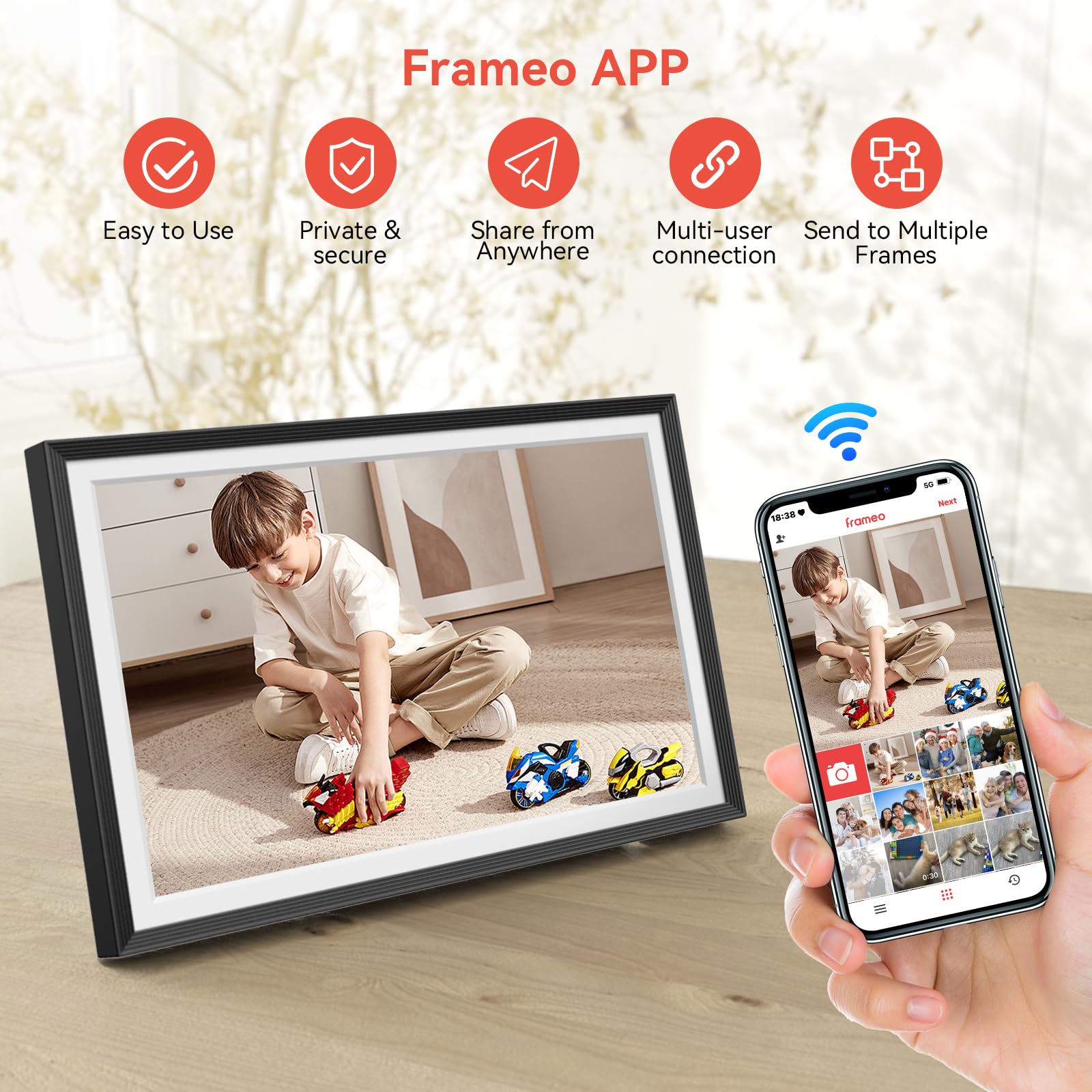 Frameo 10.1 inch Digital Picture Frame, Smart WiFi Digital Photo Frame with 32G Memory, HD Touch Screen, Auto-Rotate, Slideshow, Easy Setup, Share Photos and Videos Anywhere(Black)