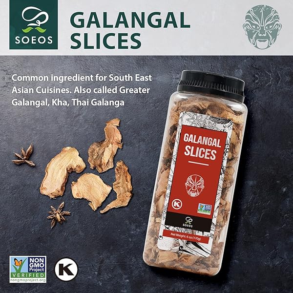 SOEOS GALANGAL SLICES 6 OUNCES, NON-GMO VERIFIED, KOSHER, GREAT GALANGAL – ALPINIA GALANGA, PERFECT FOR TOM YUM AND TOM KHA SOUPS, AUTHENTIC PRODUCT OF VIETNAM, SLICED DRIED GALANGAL ROOT, 6OZ.