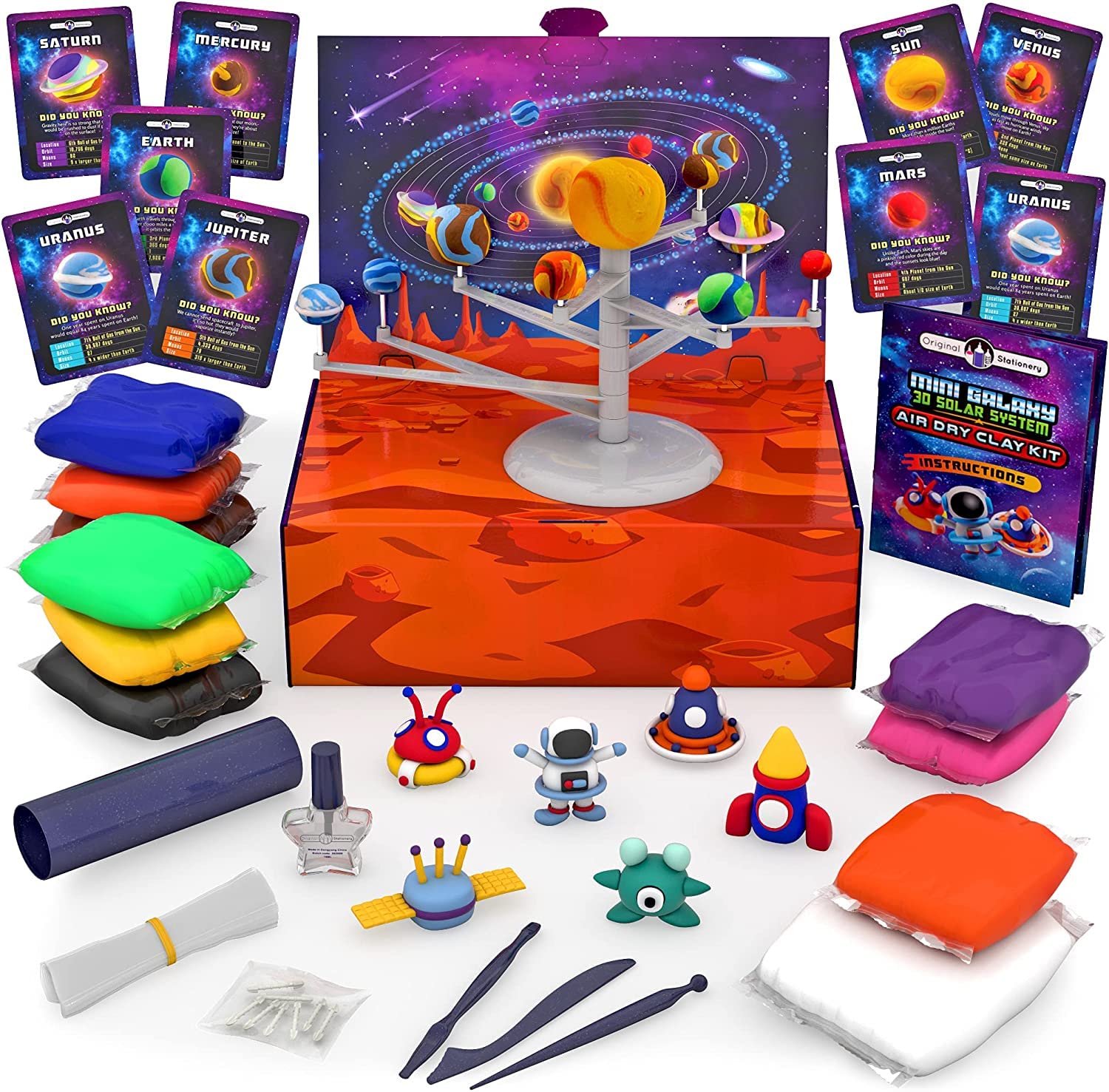 Original Stationery Mini Galaxy 3D Solar System Air Dry Clay Kit, 10 Bags of Clay for Kids, 8 Fact Cards, Tools, and More in this Fun Clay Craft Kit