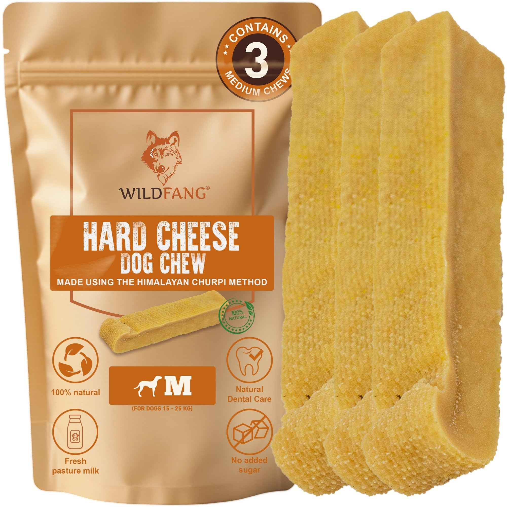 Wildfang® Yak Chews for Dogs, M (Approx. 72 g) – Himalayan Yak Cheese Dog Chews, Natural Dog Treats and Puppy Teething Toys for Healthy Gums, Hard Churpi Dental Sticks for Dogs 15-25 kg, Pack of 3