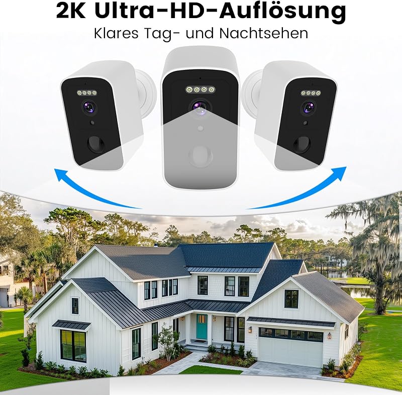 2K 3MP Überwachungskamera Aussen Akku-Kostenloser Cloud-Speicher,Magnetische Montage Überwachungskamera außen 5GHz&2,4GHz WLAN,Personen-/Bewegungserkennung,KI-gestützte verbesserte Farbnachtsicht