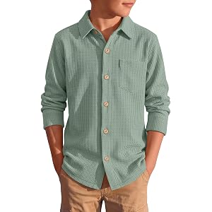 Hyggeweir Boys Button Down Shirts Dressy Tops | Long Sleeve, Collared, Casual, Kids, Tops with Chest Pocket, Breathable, Stre