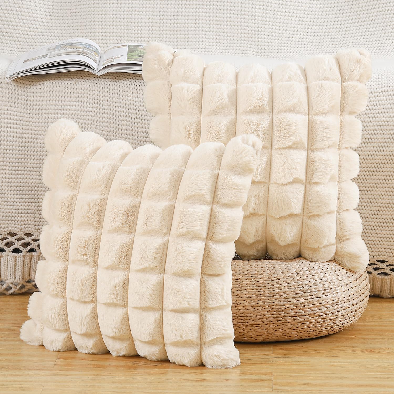 Madizz Faux Wool Beige Cushion Covers 18x18 inch, 45x45 cm, Set of 2 Super Soft Boho Throw Pillow Covers Decorative Textured Throw Pillows for Sofa Bedroom