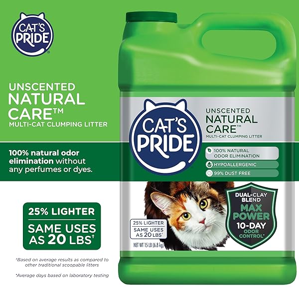 CAT’S PRIDE MAX POWER: NATURAL CARE – UP TO 10 DAYS OF POWERFUL ODOR CONTROL – 100% NATURAL ODOR ELIMINATION – HYPOALLERGENIC – 99% DUST FREE – MULTI-CAT CLUMPING LITTER, UNSCENTED, 15 POUNDS