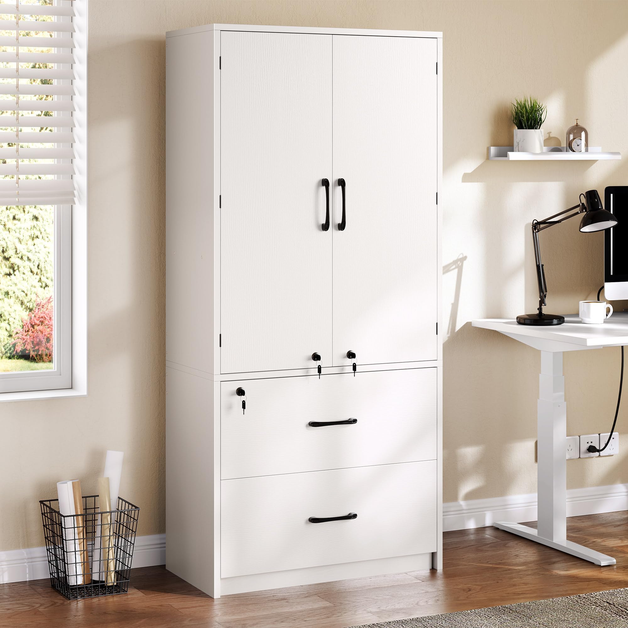 Photo 1 of **PARTS ONLY** DWVO File Cabinet with Lock, Wood Filing Cabinet with Doors, Storage Cabinets with Adjustable Shelves, Garage Tool Cabinets for Home Office, Living Room, Pantry, Basement, Warehouse, White