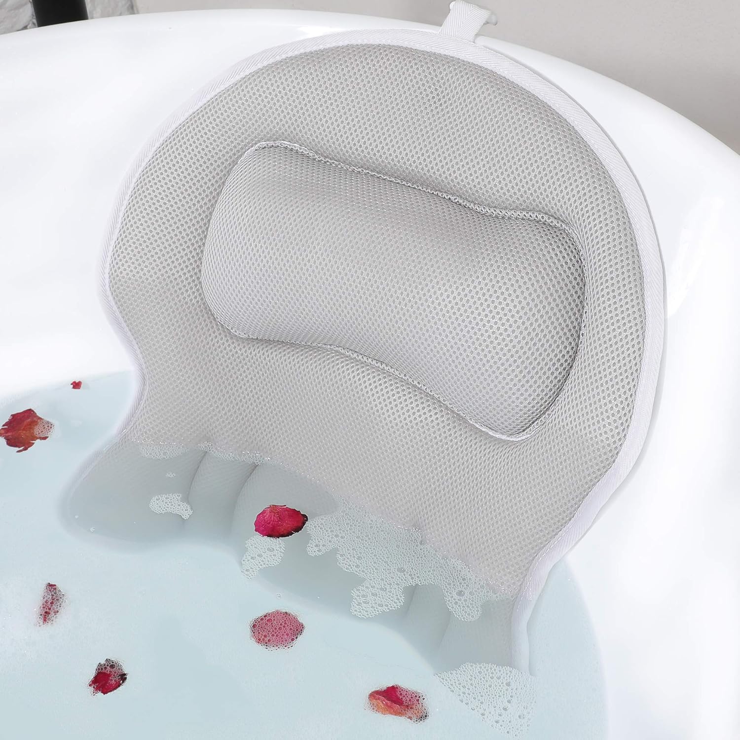 Aisto Bath Pillow for Tub Comfortable 3D Air Mesh Bathtub Pillow for Neck and Back Support Bath Tub Pillow with Strong Suction and Machine Washable Bag Gray : Beauty