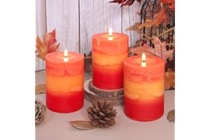 FLAVCHARM 3x4 Inch Pillar Candles 3 Pack Rustic Orange Handmade Layered Clean Burning Pumpkin Spice Scented Candles Fall Harvest Aesthetic Halloween Decorative for Home Dinner Table Decor