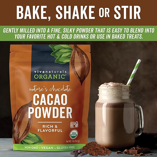 VIVA NATURALS ORGANIC CACAO POWDER, 1LB – UNSWEETENED CACAO POWDER WITH RICH DARK CHOCOLATE FLAVOR, PERFECT FOR BAKING & SMOOTHIES, NON-GMO, CERTIFIED VEGAN & GLUTEN-FREE, 454 G