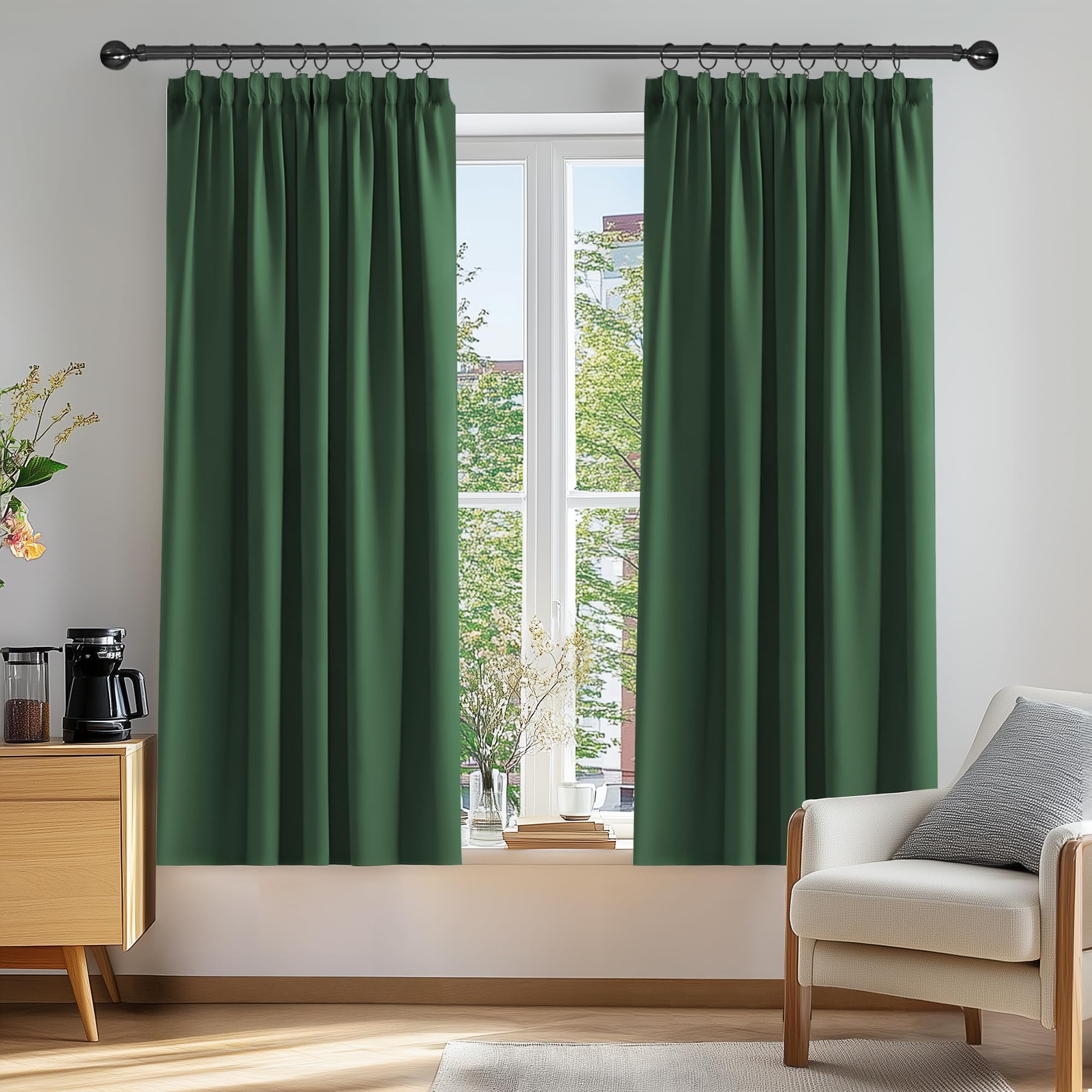 Deconovo Pencil Pleated Blackout Curtains Energy Saving Noice Reducing Thermal Insulated Curtains for Kids 66 x 54 Inch Forest Green 1 Pair