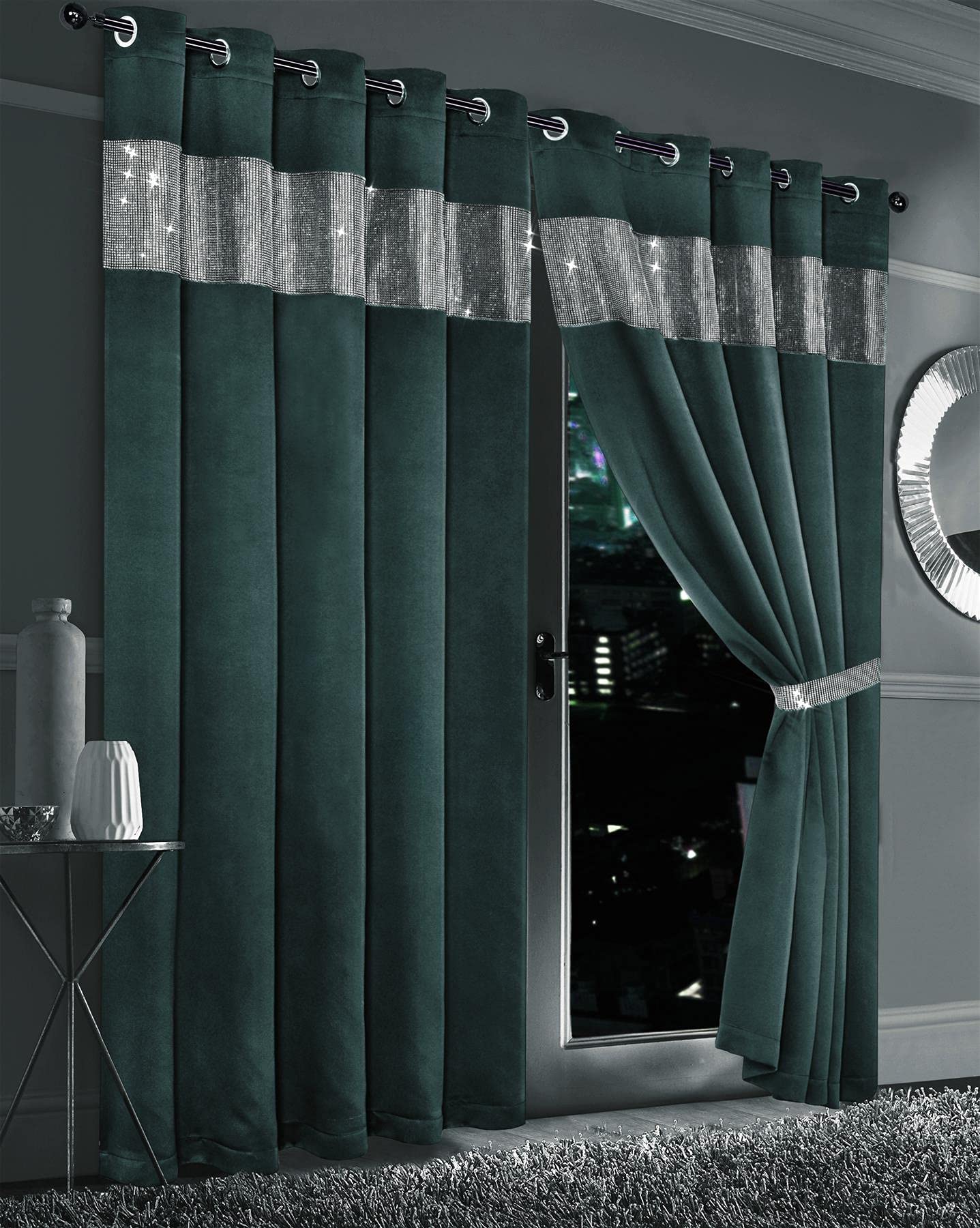 Olivia Rocco Diamante Blackout Eyelet Curtains With Tie Backs Black Out Thermal Ring Top Curtain Pair Window Dressing, 66" (Width) x 54" (Drop) Emerald Green