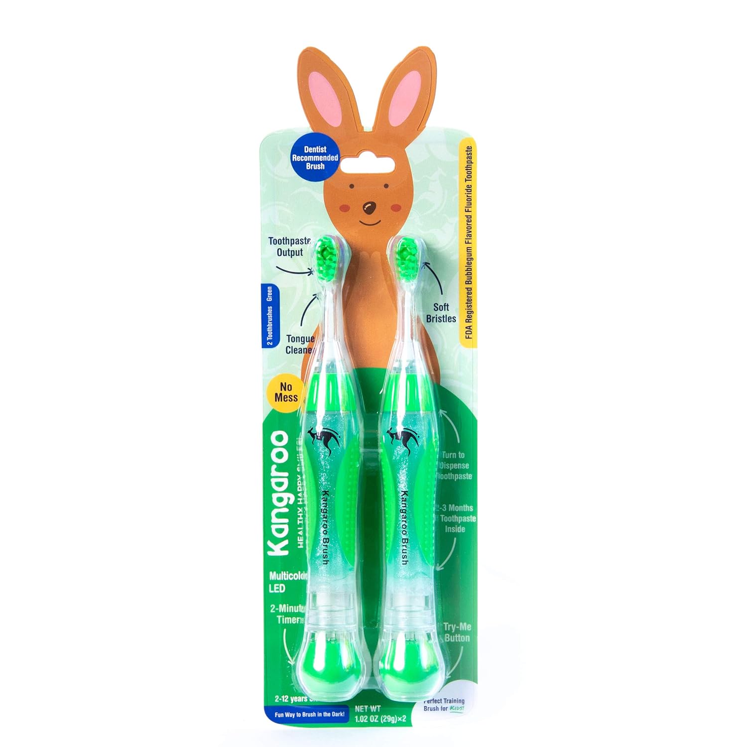 Kids Toothbrush Pre-Filled with Kids Toothpaste - Sparkling Bubble Gum Toothpaste w/Fluoride - 3 Month Supply, 2 Minute LED Timer, Soft Bristles, and Tongue Cleaner - Ages 2 to 12 (2 Pack, Green)