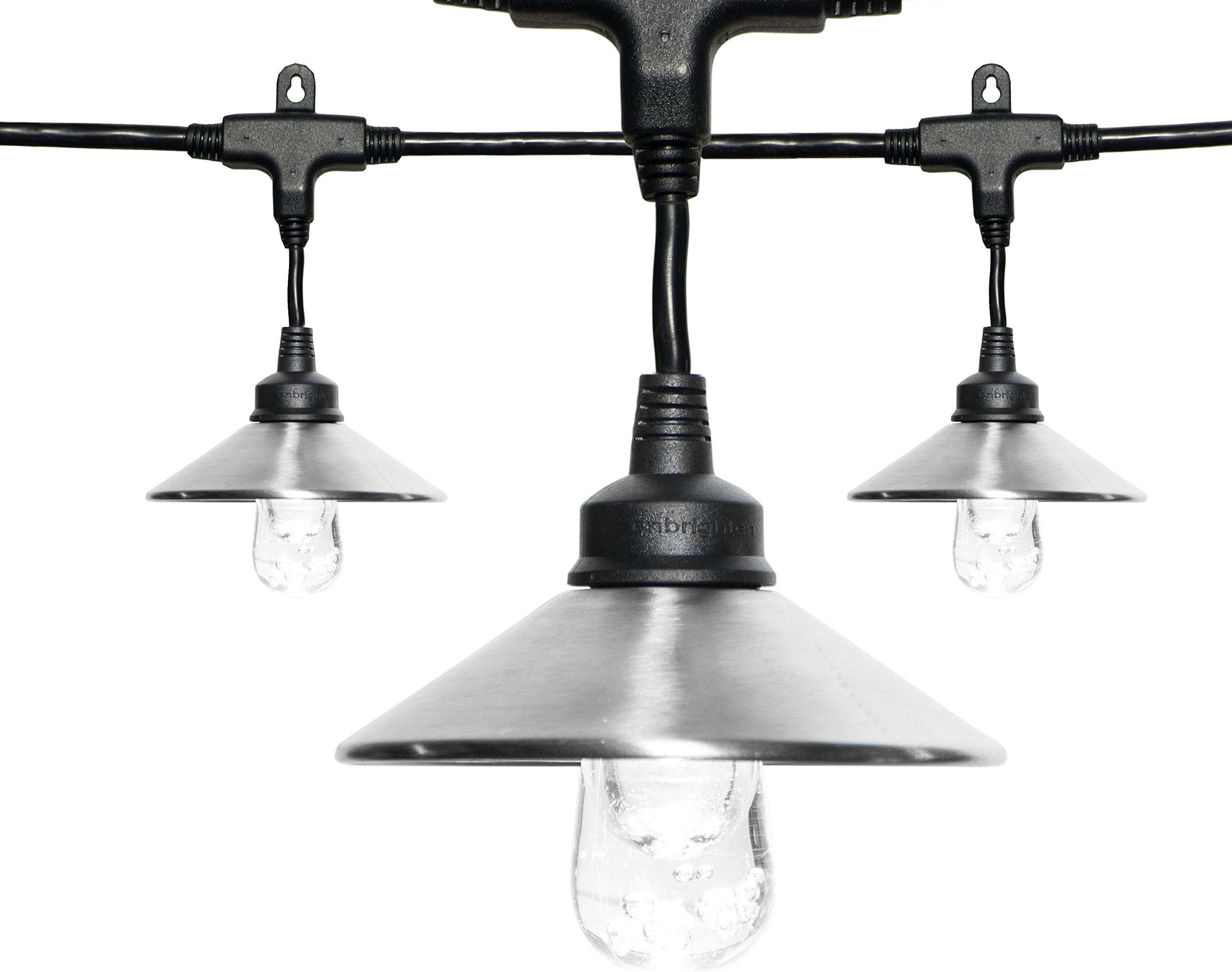 Enbrighten Classic LED Café Lights with Stainless Steel Lens Shade, Outdoor String Lights, Black, 36ft, 18 Impact Resistant Lifetime Bulbs, Premium, Shatterproof, Weatherproof, Indoor/Outdoor, 43362
