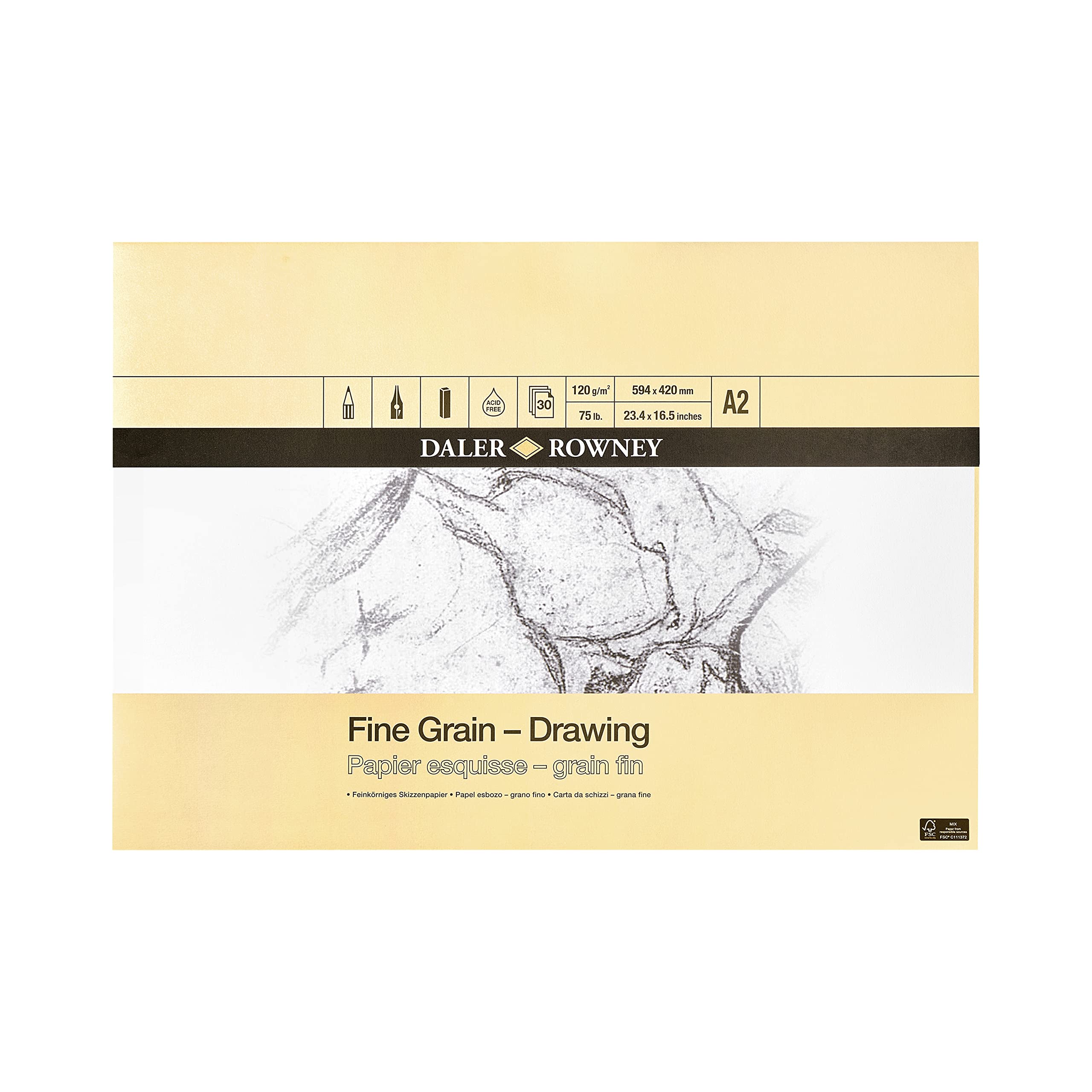Daler-Rowney Fine Grain Lightly Textured 120gsm A2 Drawing Paper Pad, Glued 1 Side, Acid-free, 30 White Sheets, Ideal for Professional Artists & Students