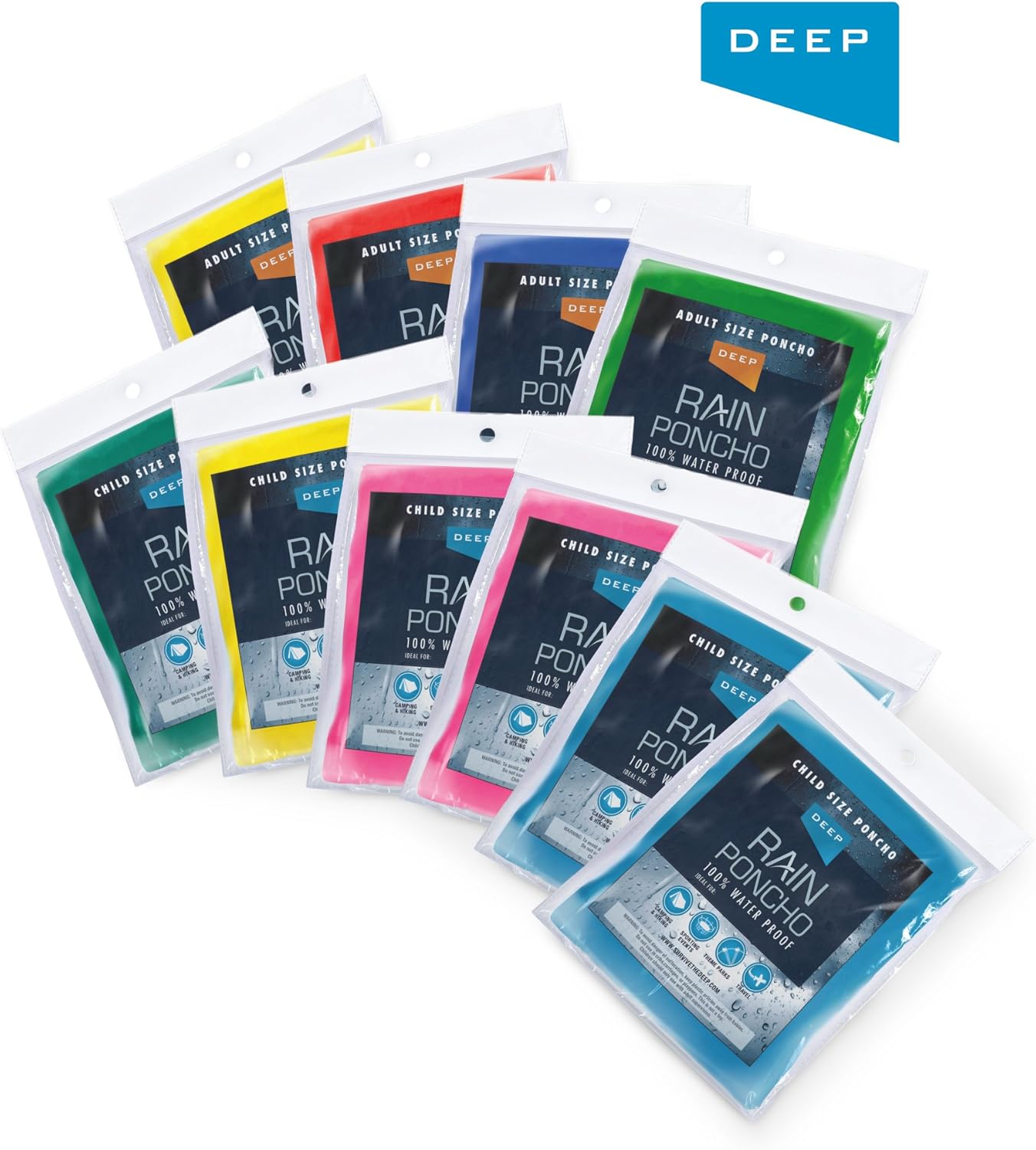 Deep Premium Disposable Emergency Rain Ponchos | Family 10 Pack (Adults/Kids) | 2X Stronger | Portable | Waterproof with Sleeves & Hood | Assorted Colors: Sports & Outdoors
