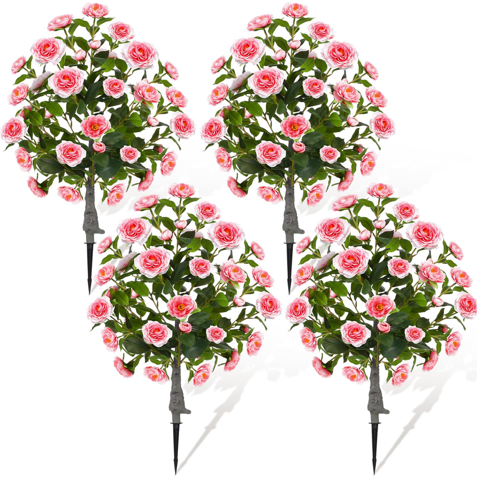 Photo 1 of Lunmon 4 Pack 36" Artificial Camellia Flower Tree 3ft Outdoor Fake Flower Plant with Spike UV Resistant Faux Floral Blooming Bush for Front Door Porch Garden Indoor Patio Decor(Pink)