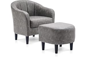 MCombo Accent Chair with Ottoman, Faux Leather Upholstered Barrel Chair Club Armchair for Living Room, Small Space, Corner 4022 (Grey)