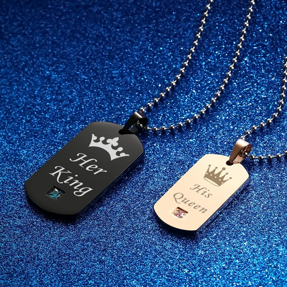 Gagafeel Couple Necklace Crown Tag Queen & King His Hers Titanium Stainless Steel Pendant Matching Set Gift for Lover (Black+Rose Gold)