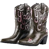Shofrindy Western Cowboy Boots for Women Rhinestone Cowgirl Boot with Low Block Heel Embroidery Sparkly Short Ankle Booties Walking Bootie for Country Concert Disco Outfits