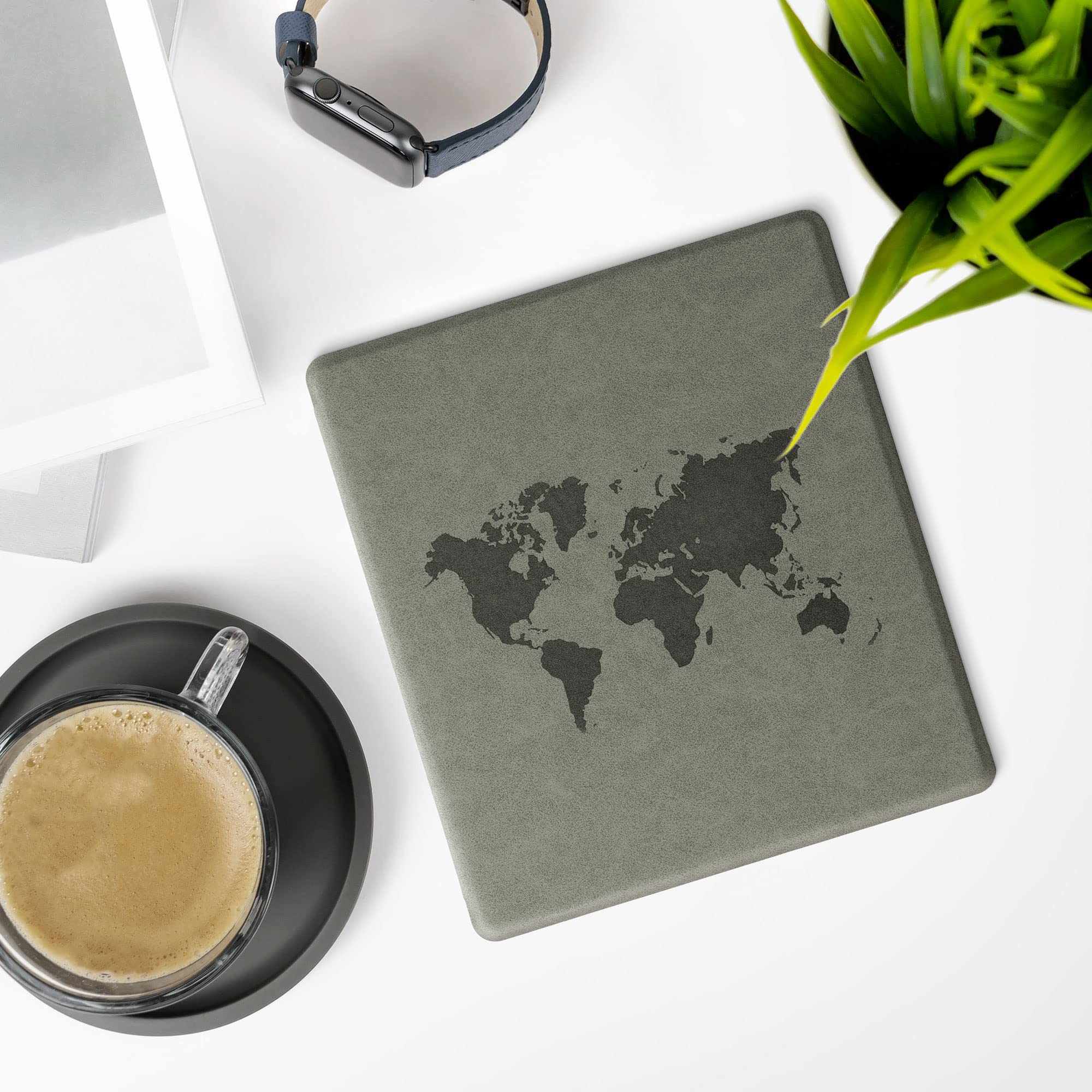 kwmobile Case Compatible with Amazon Kindle Oasis 10. Generation - Faux Suede Cover - Travel Outline Grey