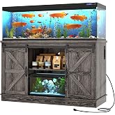 Hlivelood Farmhouse 55-75 Gallon Fish Tank Stand with Power Outlet, Aquarium Stand w/Cabinet&amp;Sliding Barn Door, Heavy Duty Reptile Tank Stand for Fish/Turtle/Reptile Terrarium, 1000LB Capacity, Grey