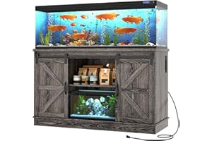 Hlivelood Farmhouse 55-75 Gallon Fish Tank Stand with Power Outlet, Aquarium Stand w/Cabinet&Sliding Barn Door, Heavy Duty Reptile Tank Stand for Fish/Turtle/Reptile Terrarium, 880LBS Capacity, Grey