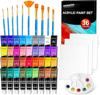 ARTKUNST 50 Pack Acrylic Paint Set with 36 Colors 12ml 10 Brushes 3 Canvases