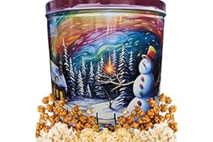 Christmas Popcorn Tin Snowman Northern Lights Rainbow Cabin Pine Tree Forest GiftPop Popped Corn in 3 Flavors Caramel, White Cheddar, and Butter 21 Ounces