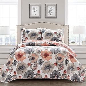 Lush Decor Leah Quilt Floral 3 Piece Reversible, Full/Queen, Coral & Gray