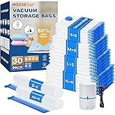 HOUSE DAY 30 Pack Vacuum Storage Bags with Electric Pump, 4 Sizes + 2 Roll-Up (5 Each), Space Saver Vacuum Seal Bags for Clothing, Bedding, Pillows, Travel – Airtight Seal, Reusable & Durable