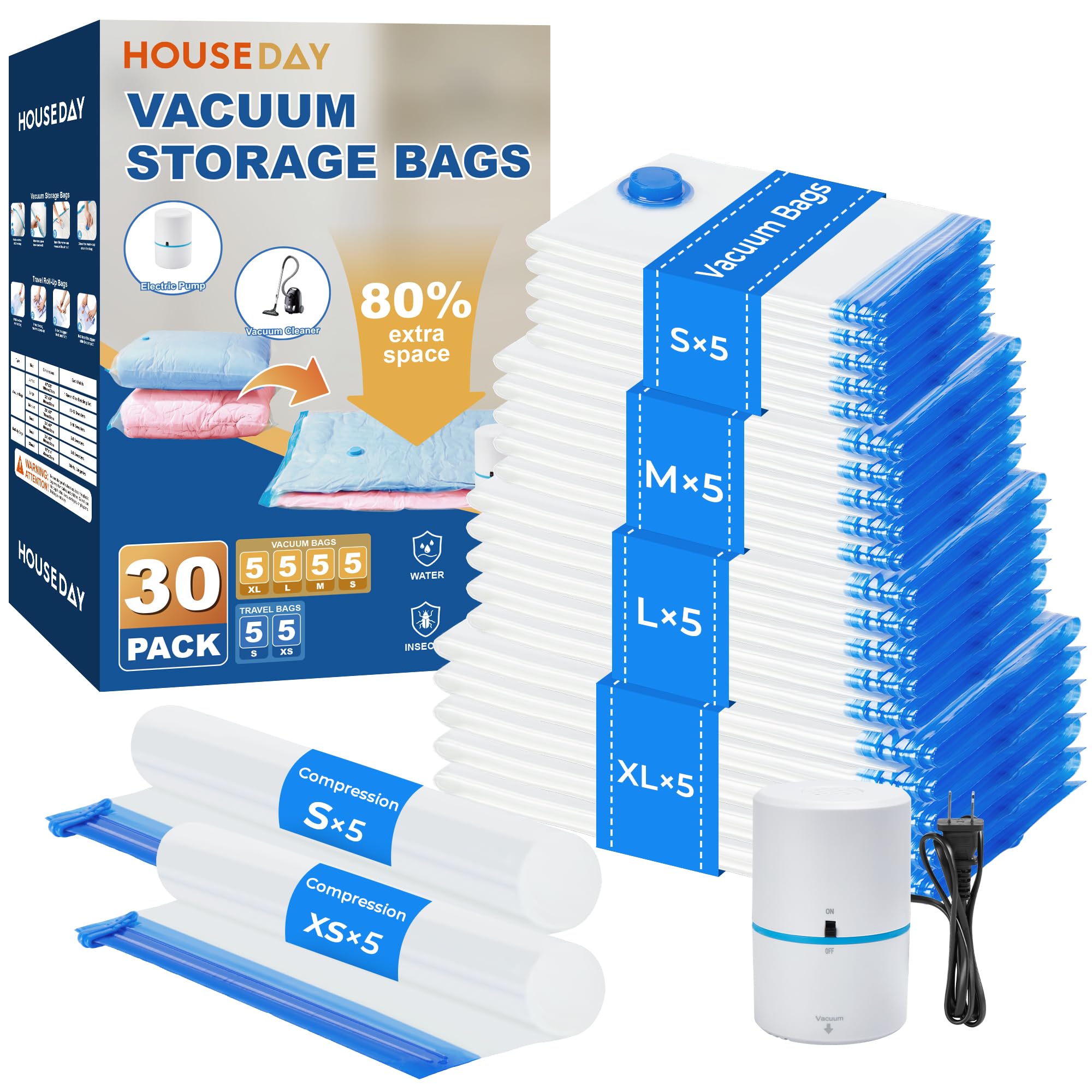 Photo 1 of HOUSE DAY 30 Pack Vacuum Storage Bags with Electric Pump, 4 Sizes + 2 Roll-Up (5 Each), Space Saver Vacuum Seal Bags for Clothing, Bedding, Pillows, Travel – Airtight Seal, Reusable & Durable