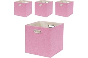 Fboxac Collapsible Organization Basket Fabric Foldable Box with Handles, 13x13 Cube Storage Bins Set of 4, Thick and Heavy Duty Storage Baskets for Shelves Bedroom Livingroom,Pink