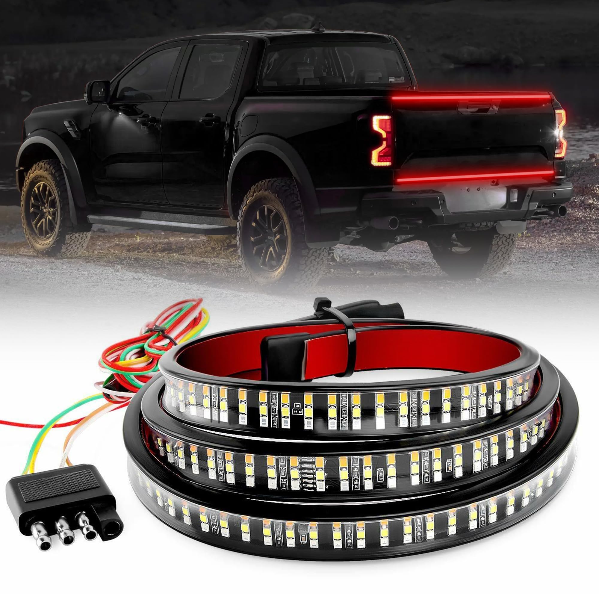 Photo 1 of 4WDKING Truck Tailgate Light Bar, 60" Triple Row LED Strip with Red Brake White Reverse Amber Turn Signal for Pickup Trailer SUV RV Van ATV UTV