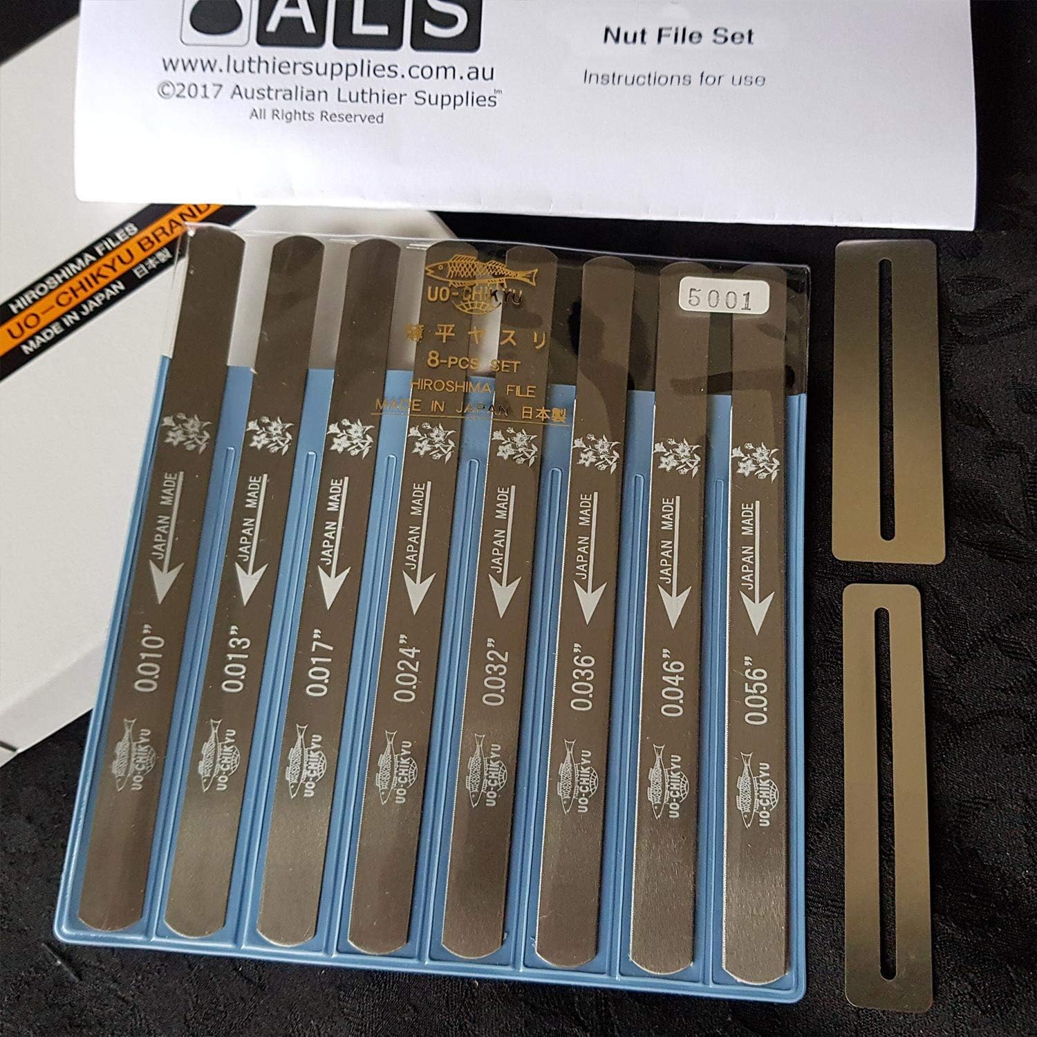 ALS Guitar Nut File Set 8-Piece 10-56 with Instructions (Bonus Fingerboard Guard Set) #5001 Nut Files Made in Japan by Uo-Chikyu Hiroshima - Instructions by Australian Luthier Supplies