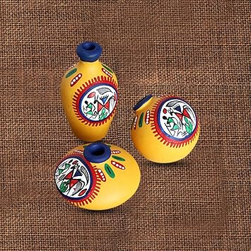 ExclusiveLane Terracotta Warli Hand-Painted Living Room Decorative Miniature Small Pots Set (9.4 cm x 9.4 cm x 8.9 cm, Yellow, Set of 3 Mini Pots)