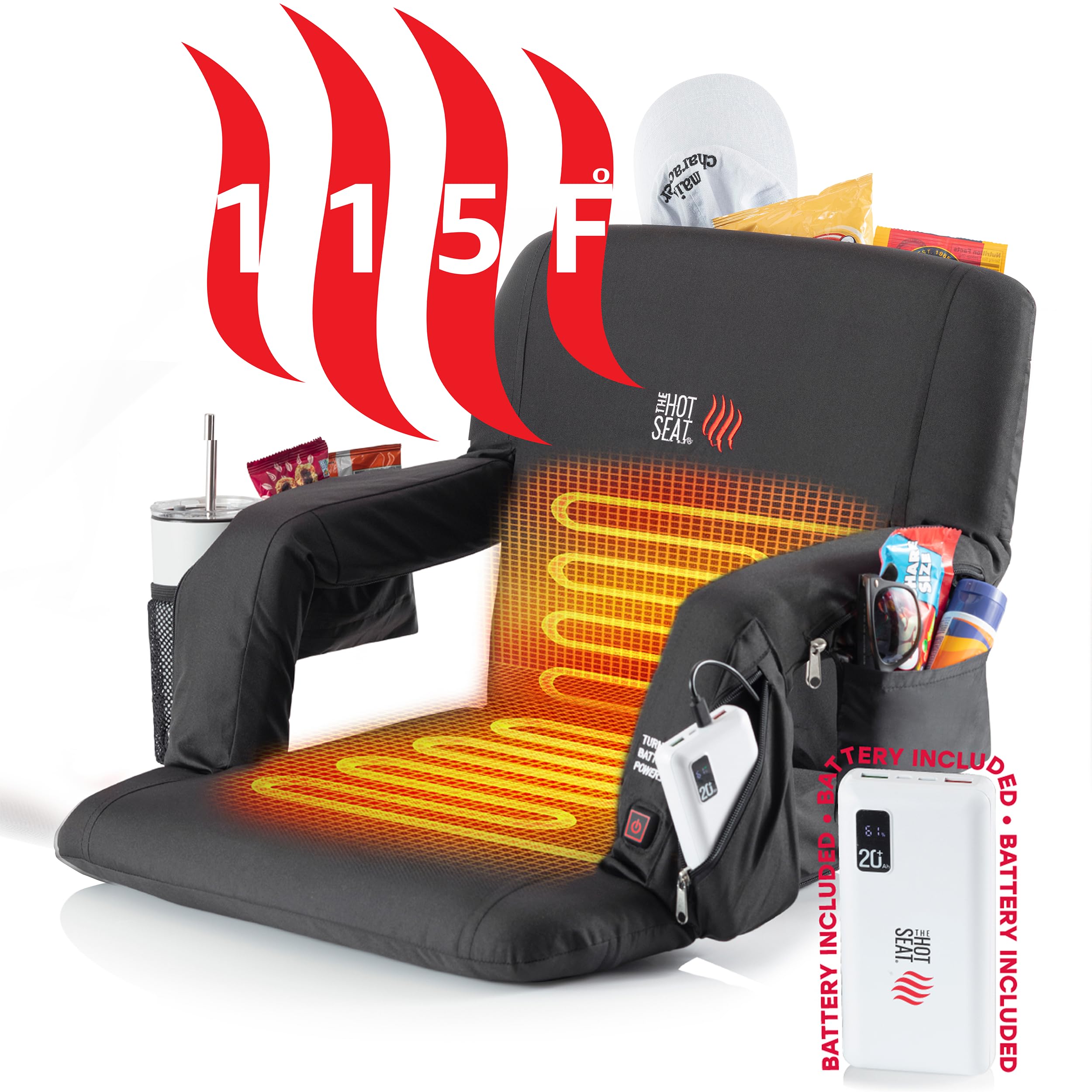 Photo 1 of ****************Missing charging/battery pack.*****************
POP The Original Hot Seat, Dual Heat Stadium Chair with Back Support, Heats Seat and Back, 3 Heat Levels, 5 Pockets, 6 Reclining Positions, for Outdoor Sport Events, USB Battery Pack Included