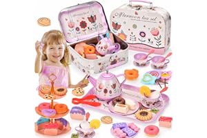 Lajeje 52-Piece Tea Party Set for Toddlers & Little Girls Ages 3-6 – Pretend Kitchen Toy with Tin Tea Set, Desserts & Metal Carrying Case, Perfect Birthday