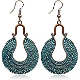 KaFu Boho Earrings For Women Vintage Unique Gypsy Ethnic Dangle Drop Earrings Handmade Bohemian Carved Texture Round Statement Earrings Jewelry Gifts