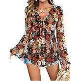 Verdusa Women's 70s Outfits Western Going Out Tops Paisley Boho Mesh Peplum V Neck Long Sleeve Blouse