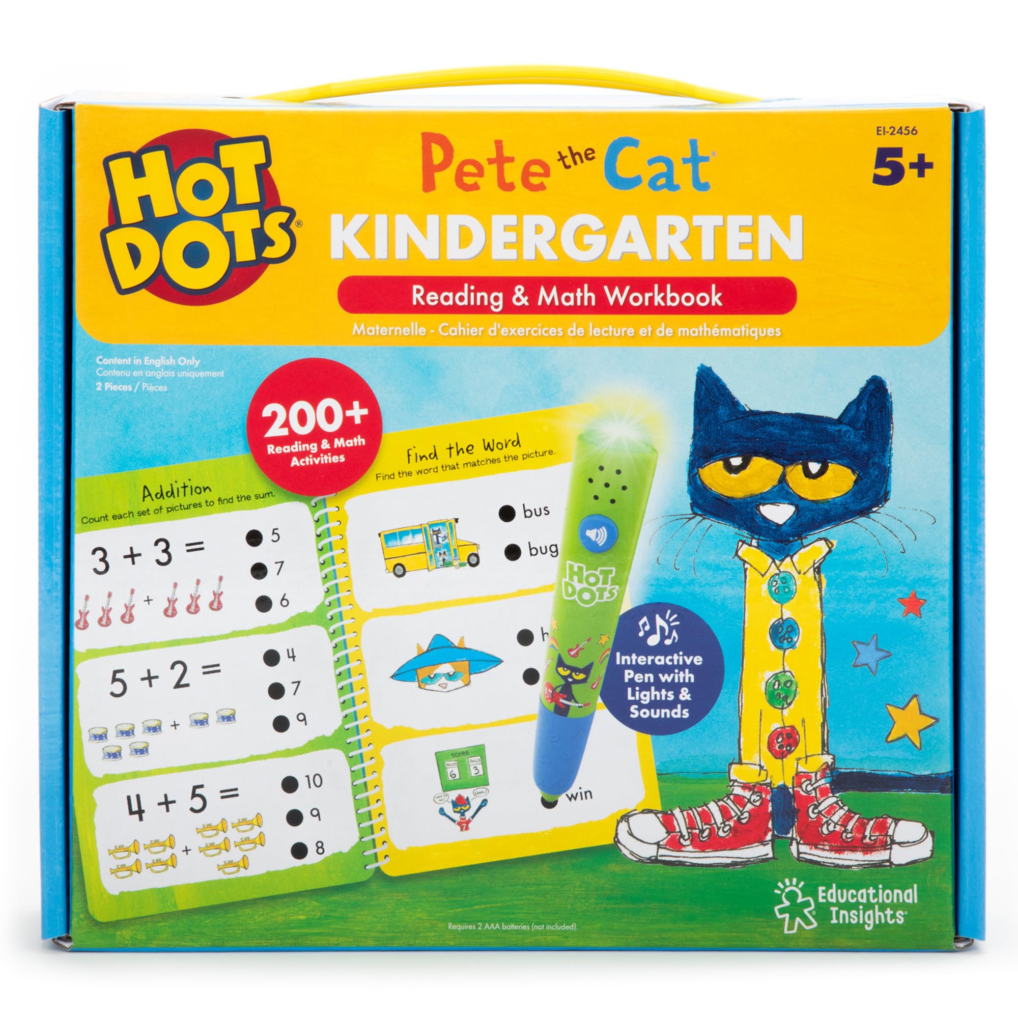 Educational Insights Hot Dots Pete The Cat Kindergarten Reading & Math Workbook - Kindergarten Workbooks with Interactive Pen, Homeschool Learning Books, Build Early Reading & Math Skills, Ages 5+