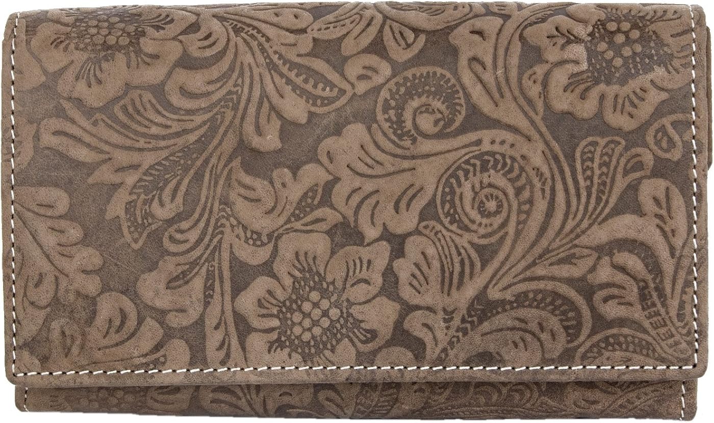 Women's genuine leather wallet with ornamental stamping, Brown