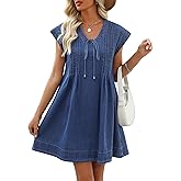 POTILI Denim Dress for Women,V Neck Jean Dresses Short Sleeves Denim Romper Dress with Pockets