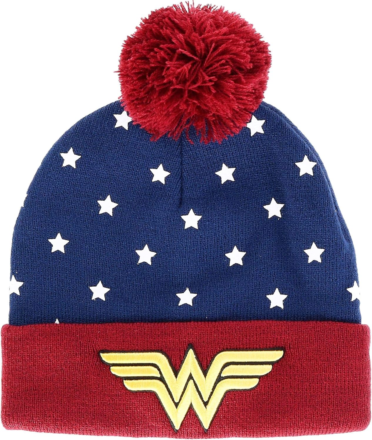 Juniors DC Wonder Woman Navy, Red & Gold Cuff Pom Beanie Standard: Clothing