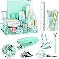 KAAKOW Green Desk Organizers and Accessories Office Supplies Set Stapler, Pen Holder, Phone Holder, Scissors, Pen, Ruler, 30 Paper Clips, 22 Binder Clip, 20 Tacks and 1000pcs Staples