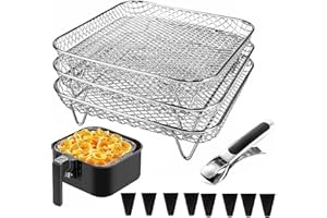 Square Air Fryer Basket Accessories, 3 Layer 8x8 inch Stainless Steel Stackable Grill Dehydrator Rack for Ninja, Gowise, Phil
