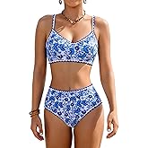 Jolefille High Waisted Bikini Sets for Women Tummy Control Swimsuit Two Piece Bathing Suit Modest Swimwear Cute Floral Teens