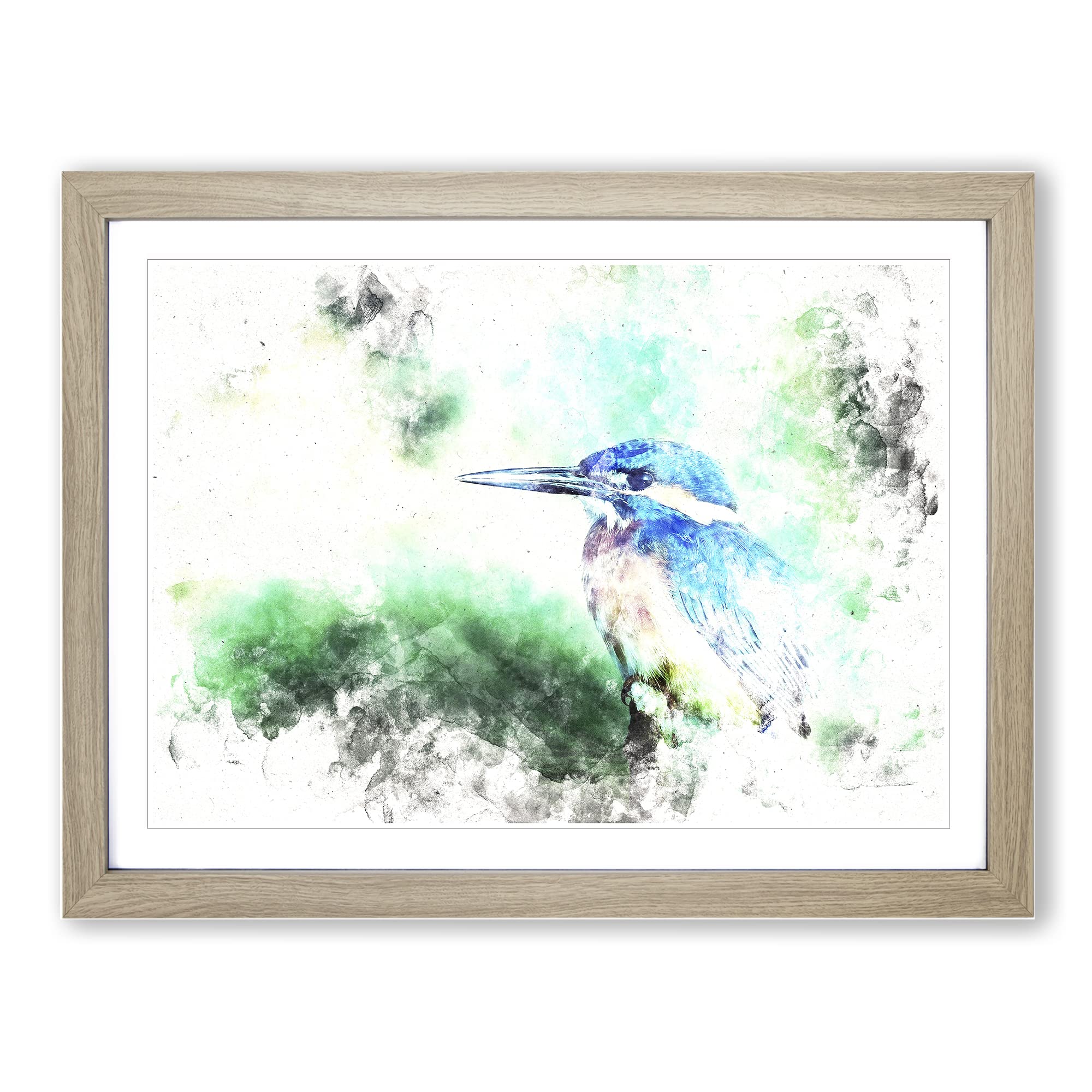 The Kingfisher Bird Looking West Watercolour Modern Framed Wall Art Print, Ready to Hang Picture for Living Room Bedroom Home Office Décor, Oak A4 (34 x 25 cm)