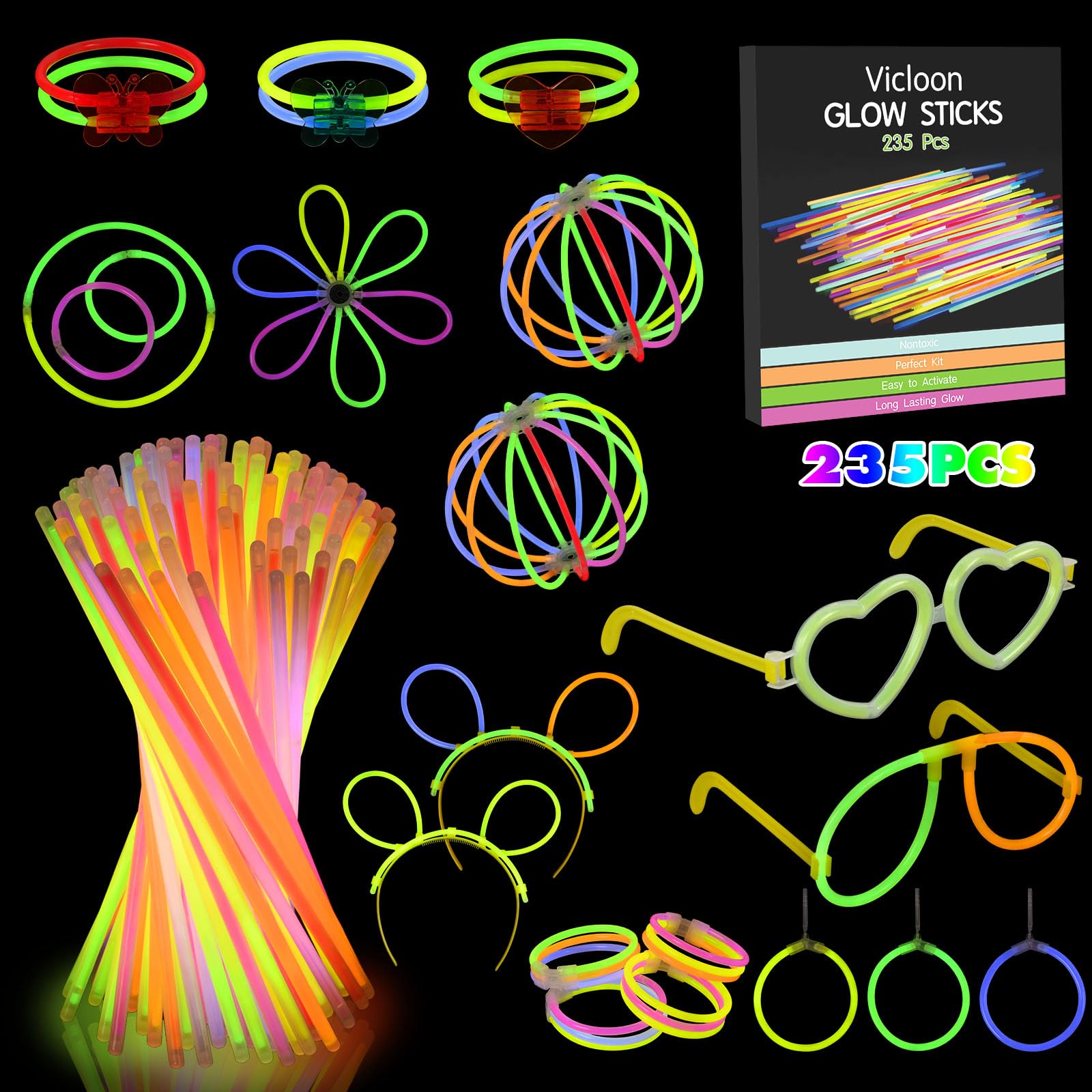 Vicloon Glow Sticks, 235 Pcs Glow Sticks Bulk Party Supplies, Premium Glow Neon Necklaces with Heart Shaped Glasses for Kids Party Supplies,Wedding,Festival,Halloween Decoration