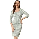 Allegra K Tweed Dress for Women Elegant 3/4 Sleeve Plaid Business Work Bodycon Pencil Dress