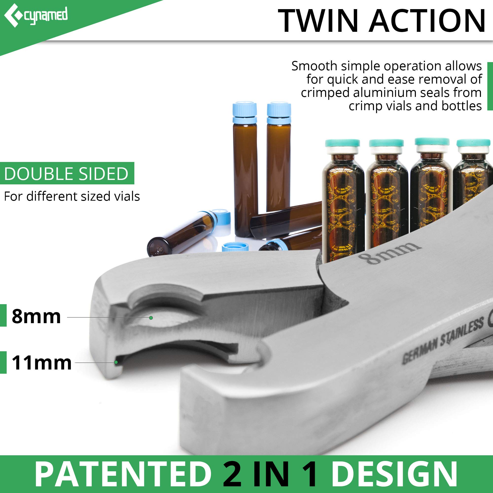 Cynamed Twin Action Decapper Pliers - Perfect for Decapping 8mm and 11mm Crimped Vials and Bottles